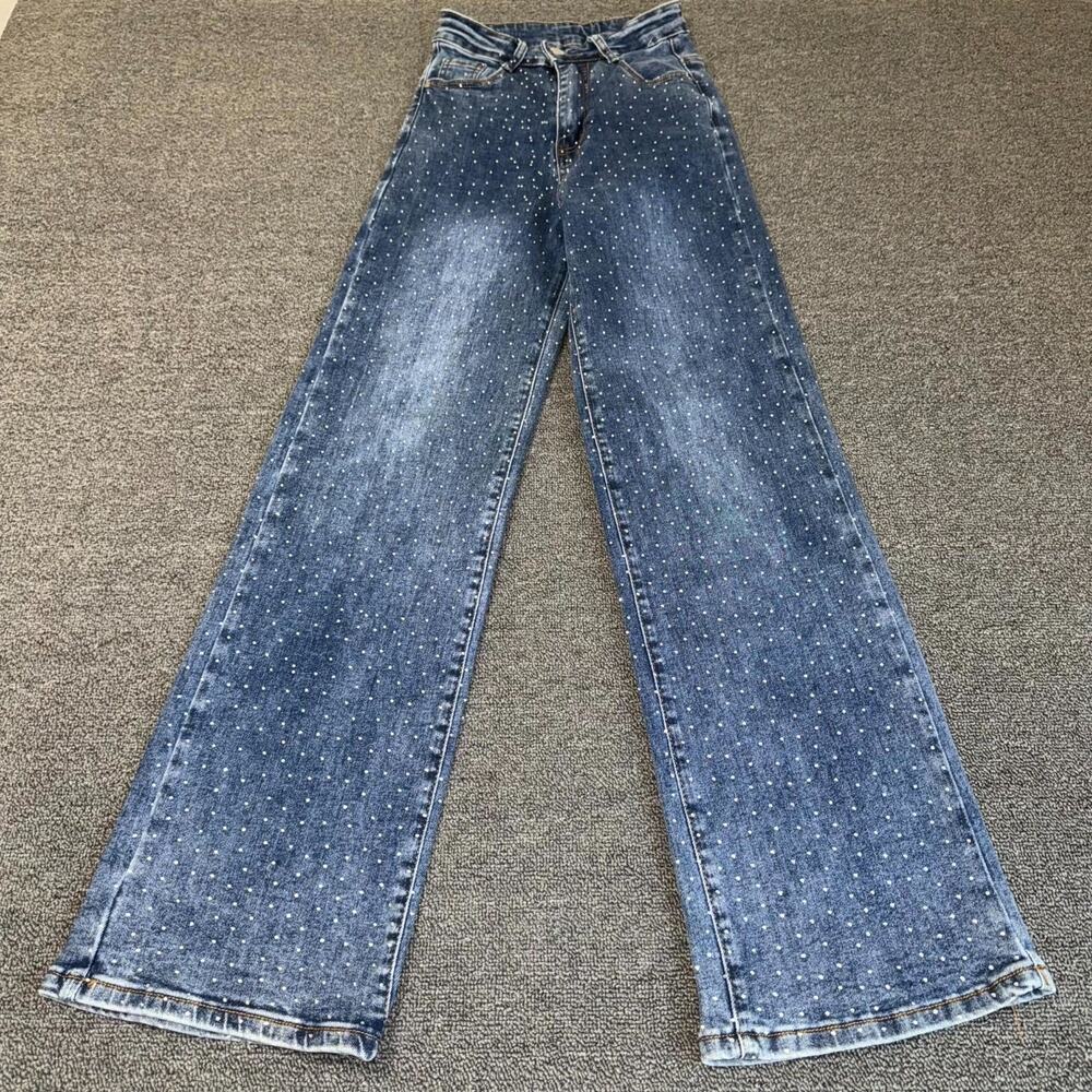 Surprise Jeans Juniors 3/26 Blue Denim Stretch Rhinestone High Rise Wide‎ Leg
